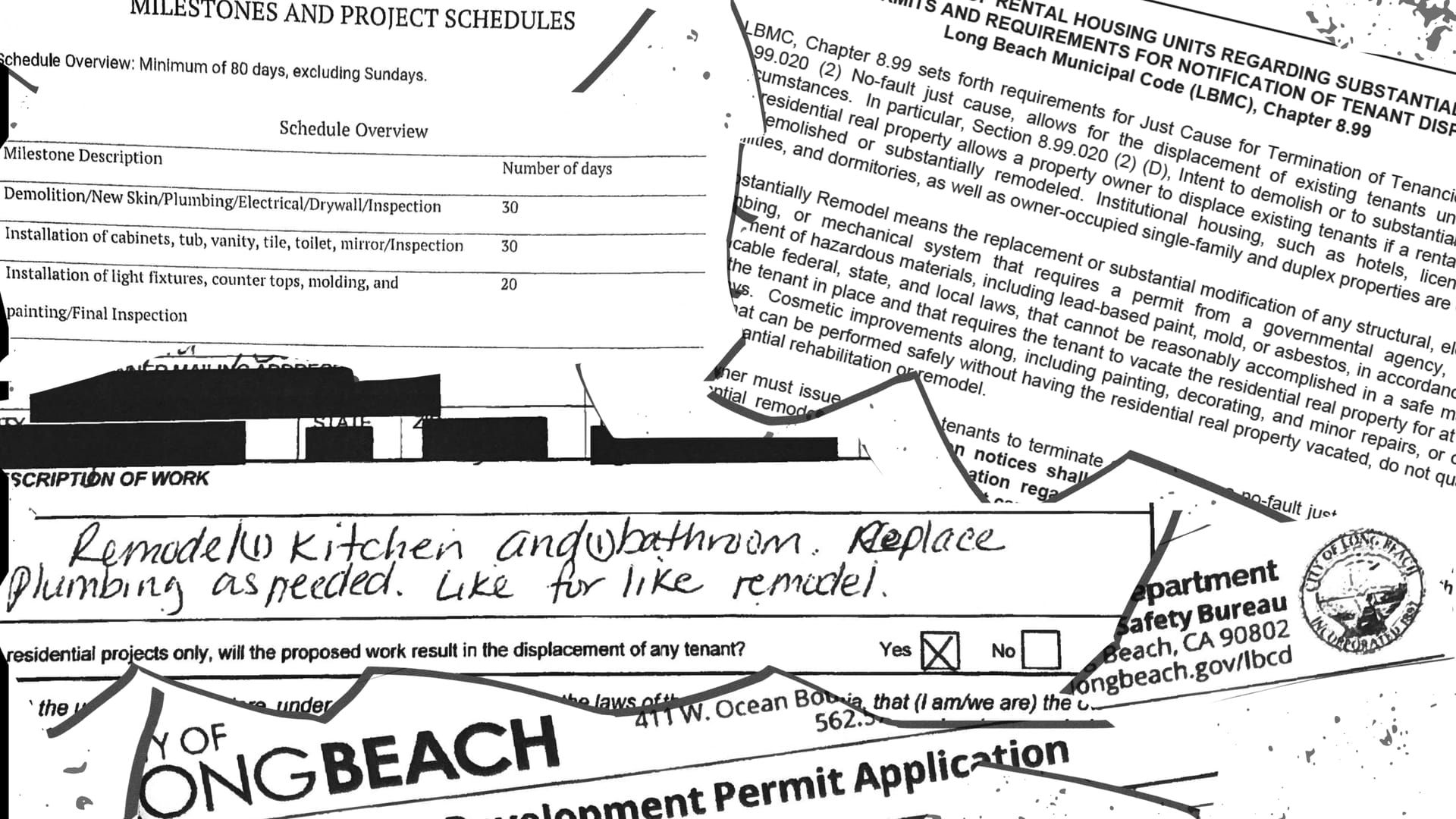 Illustrative collage of various documents related to substantial remodel evictions in Long Beach.