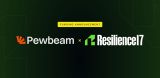 Funding announcement graphic featuring the Pewbeam and Resilience17 logos side by side against a dark green background with a yellow label.