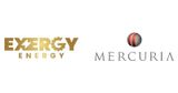 A corporate logo graphic featuring the gold "EXERGY ENERGY" wordmark with a lightning bolt and gear icon on the left, paired side-by-side with the gray "MERCURIA".