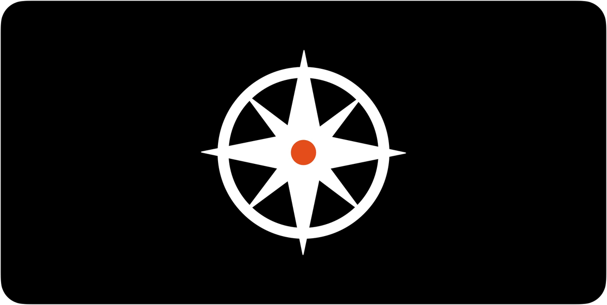 Start Here guide symbol: white compass with an orange centre on a black background.