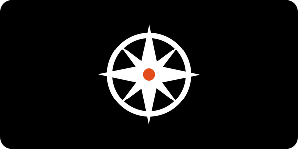 Start Here guide symbol: white compass with an orange centre on a black background.