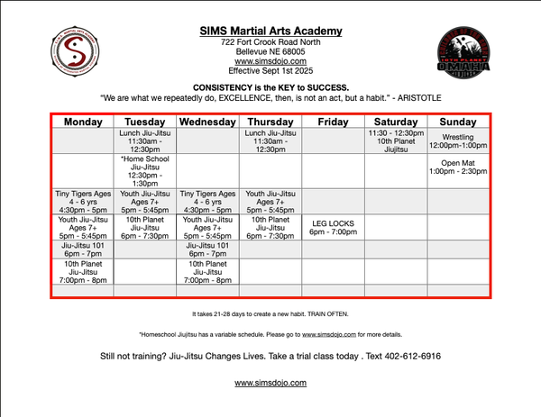 Bellevue Jiu-Jitsu Schedule Fall 2025