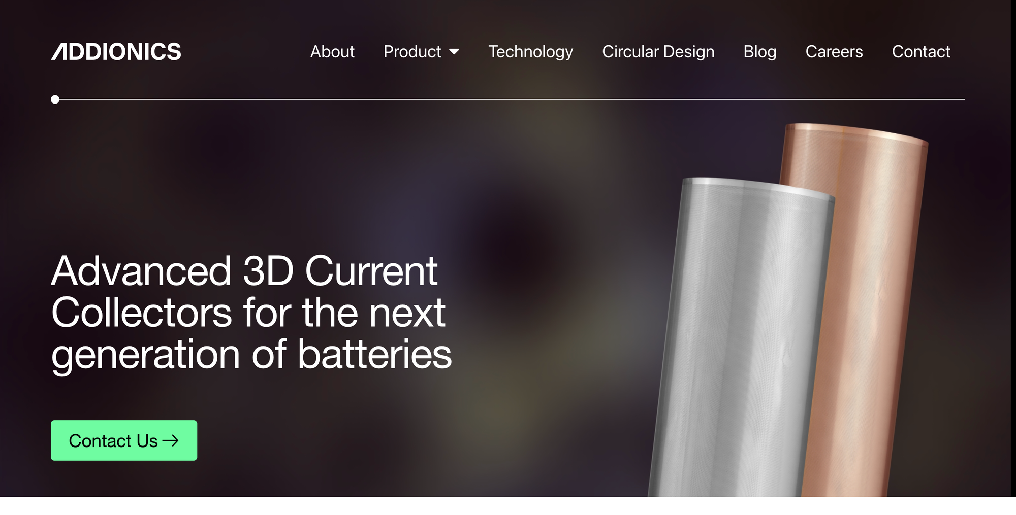 Addionics Website Homepage - battery innovation with its 3D Current Collectors