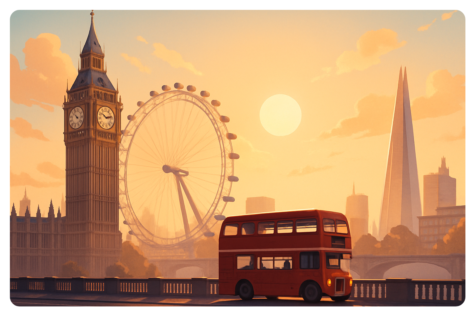 Illustration of central London skyline featuring Big Ben, Tower Bridge, double-decker buses, representing modern London life and cost-of-living.