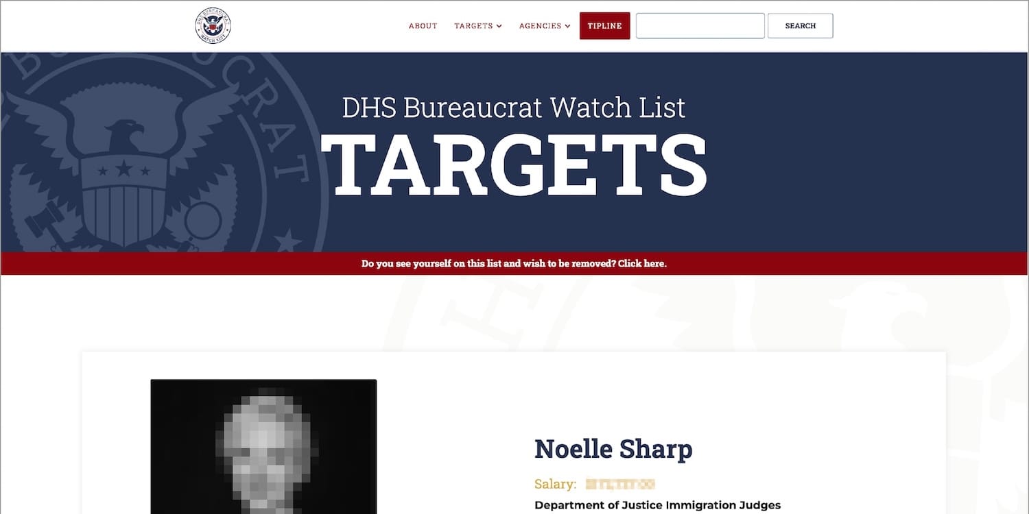 Screenshot of DHS Bureaucratic Watch List Targets, featuring Noelle Sharp, Department of Immigration Judges.