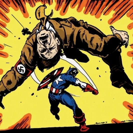 Comic panel of Captain America punching Hitler.