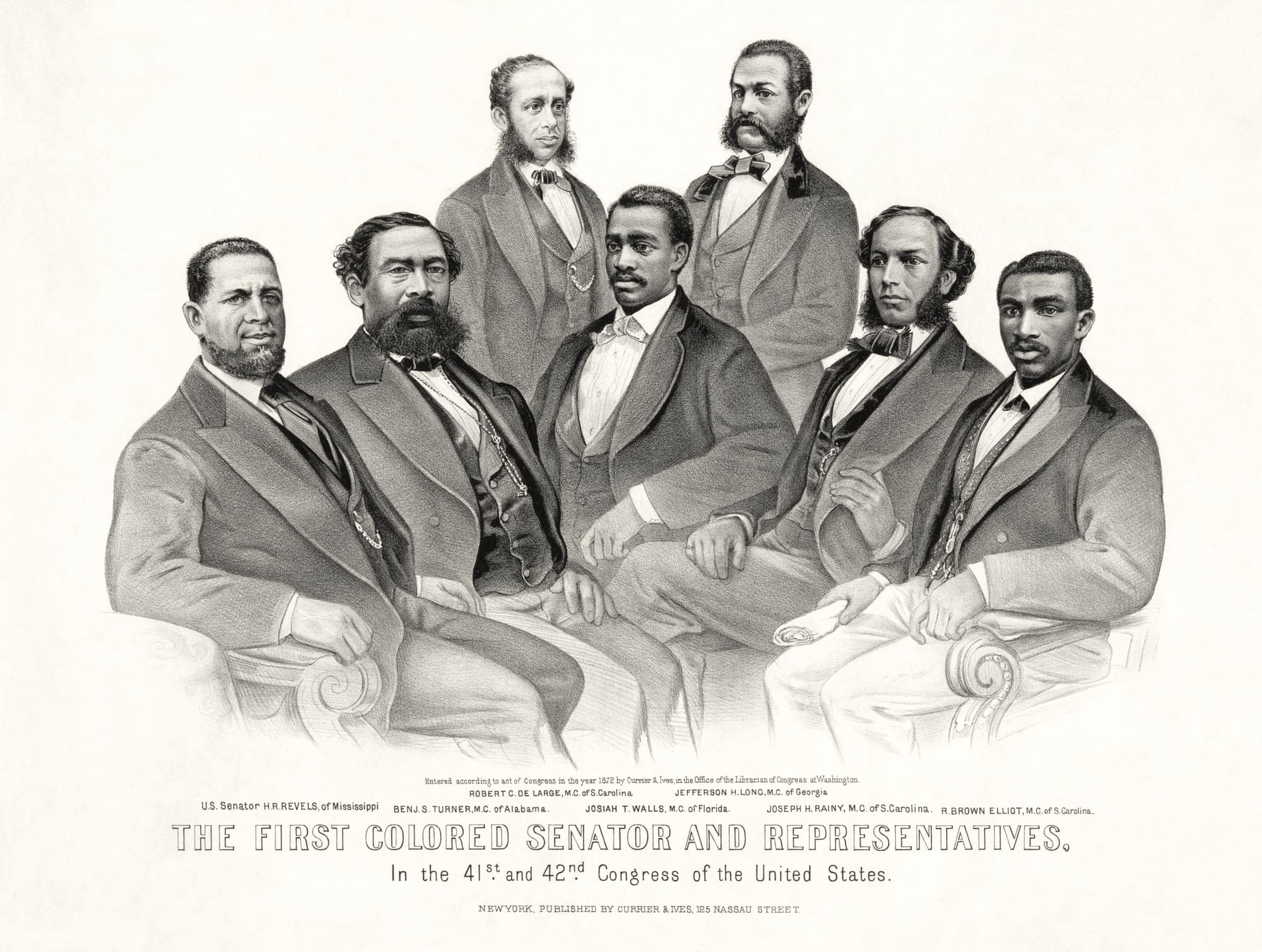 The First Colored Senator and Representatives in the 41st and 42nd Congress of the United States. New York. Published by Currier &. Ives.225 Nassau Street.