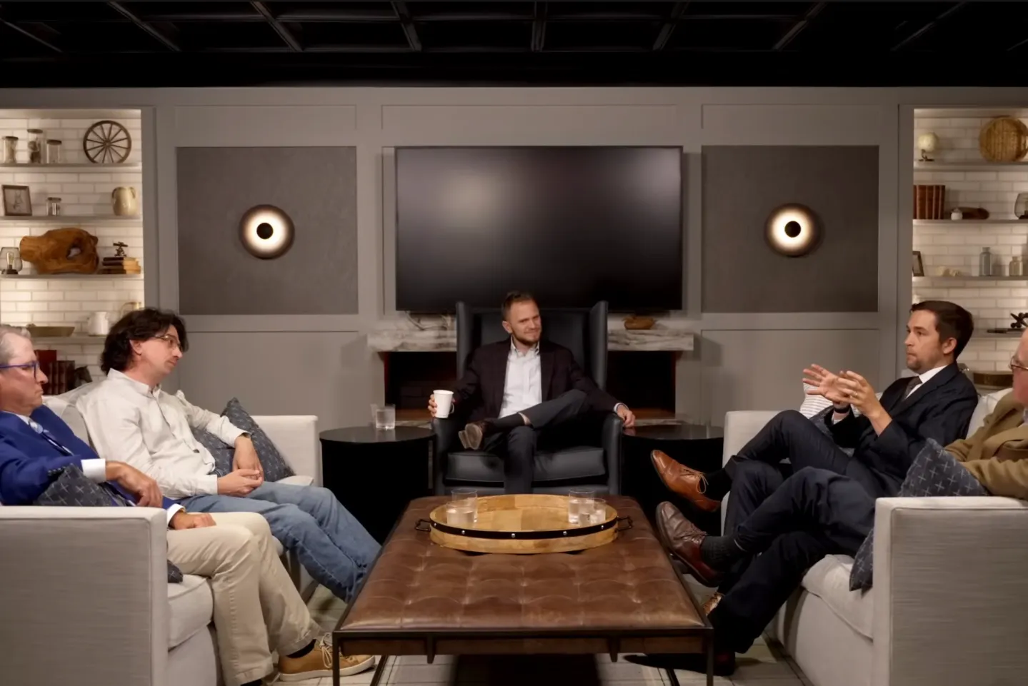 From left, Patrick Deneen, Curtis Yarvin, Johnny Burtka, Chris Rufo, and Christopher Caldwell.