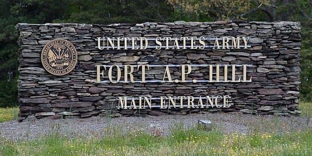 United States Army Fort A.P. Hill main entrance sign. 