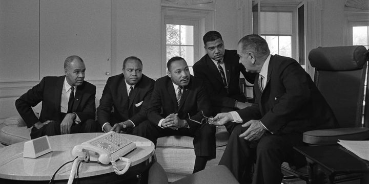 ohnson meets with civil rights leaders in the Oval Office in January 1964. From left, Roy Wilkins, James Farmer,  Martin Luther King, Jr., and Whitney Young.