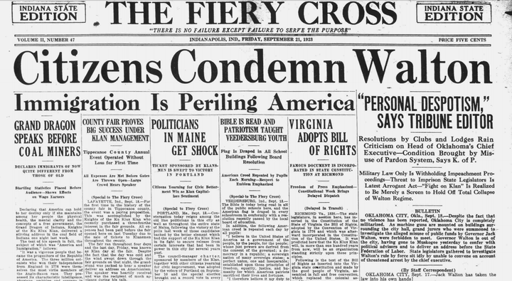 Cover page of The Fiery Cross, Indiana State Edition, with headlines, "Citizens Condemn Walton" and "Immigration is Periling America"