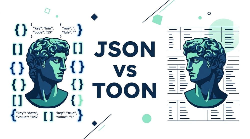 Comparación JSON vs TOON: un busto rodeado de llaves y corchetes frente a otro sobre una estructura tabular