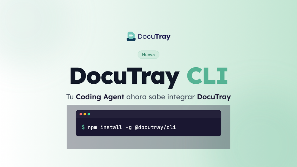Tarjeta de presentación del DocuTray CLI con el comando de instalación: npm install -g @docutray/cli