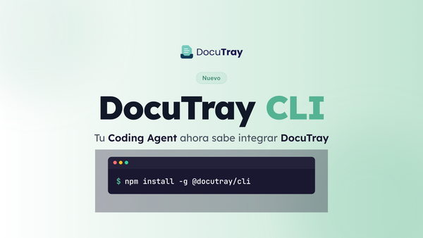 Tarjeta de presentación del DocuTray CLI con el comando de instalación: npm install -g @docutray/cli
