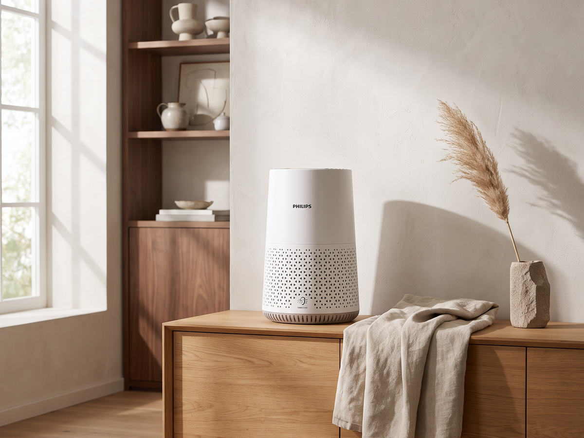 Modern white cylindrical air purifier centered on an oak sideboard 
