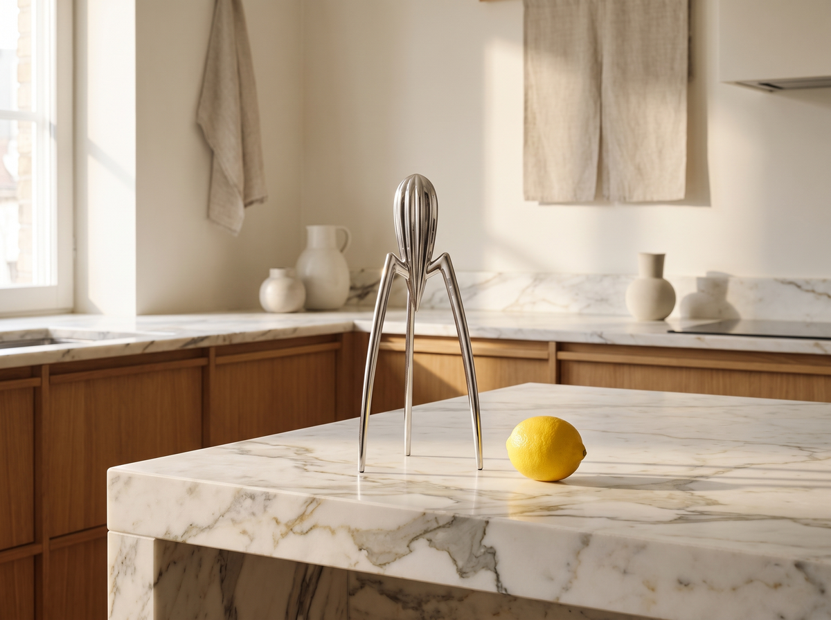 Alessi Juicy Salif citrus squeezer by Philippe Starck, polished aluminum sculptural form, centered on an oak countertop beside a lemon in a sunlit minimal kitchen.
