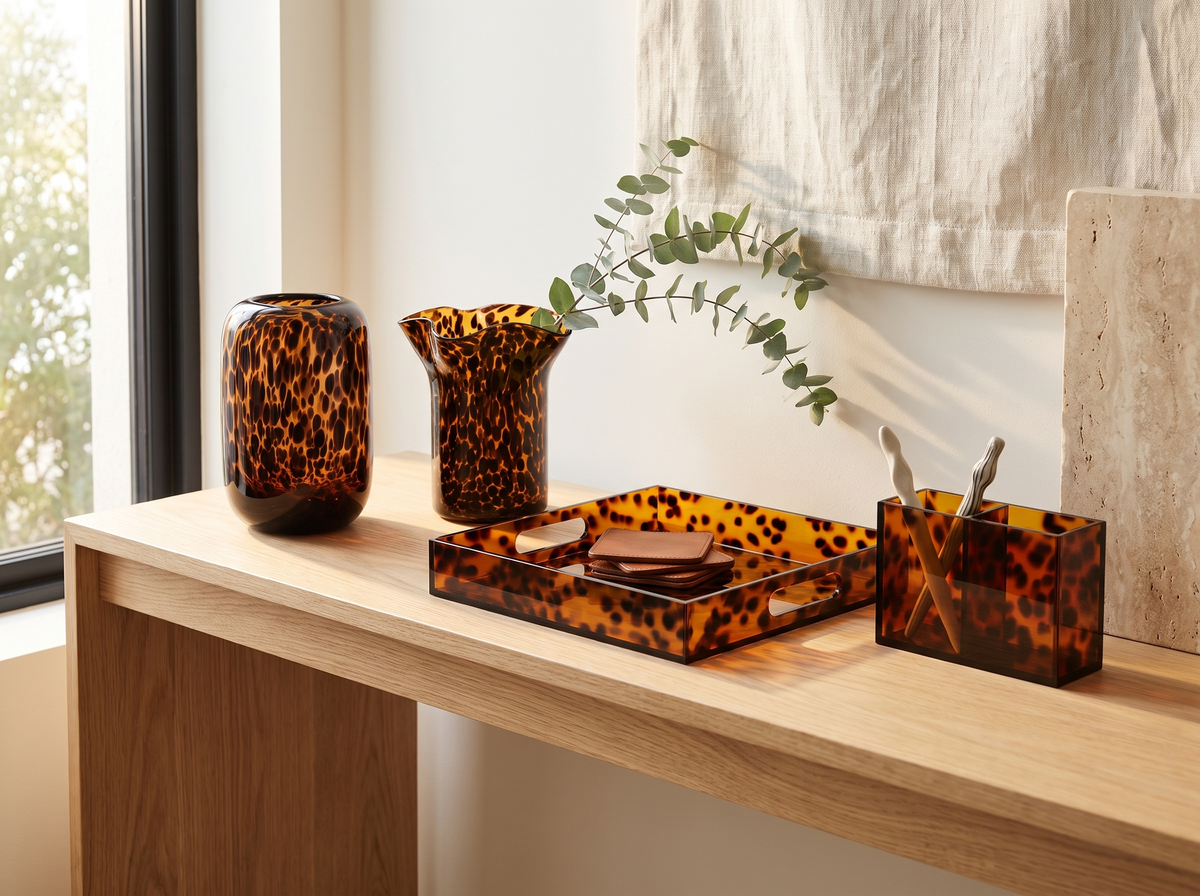 Tortoiseshell glass and acrylic home decor collection featuring a vase, wavy-rim vase, serving tray, and divided holder in warm amber leopard-spot pattern.