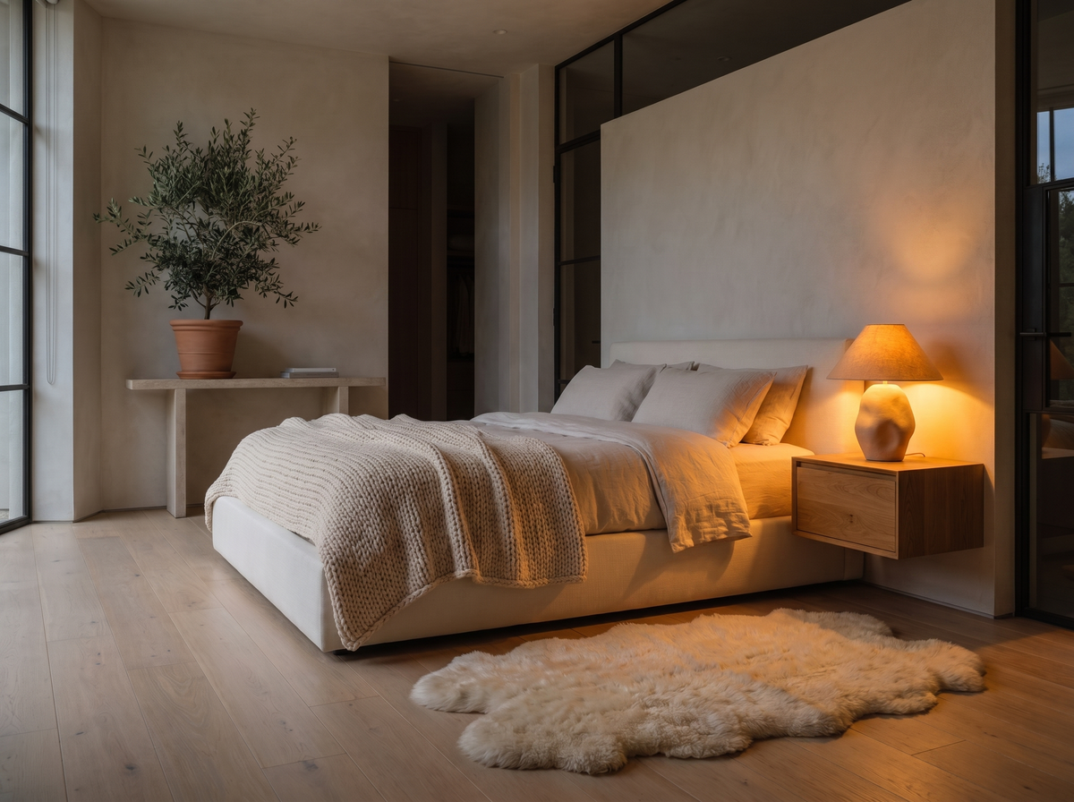 Modern cozy bedroom with a low platform bed, knit throw over linen duvet, warm amber lamp light, sheepskin rug, and a small plant on the nightstand.