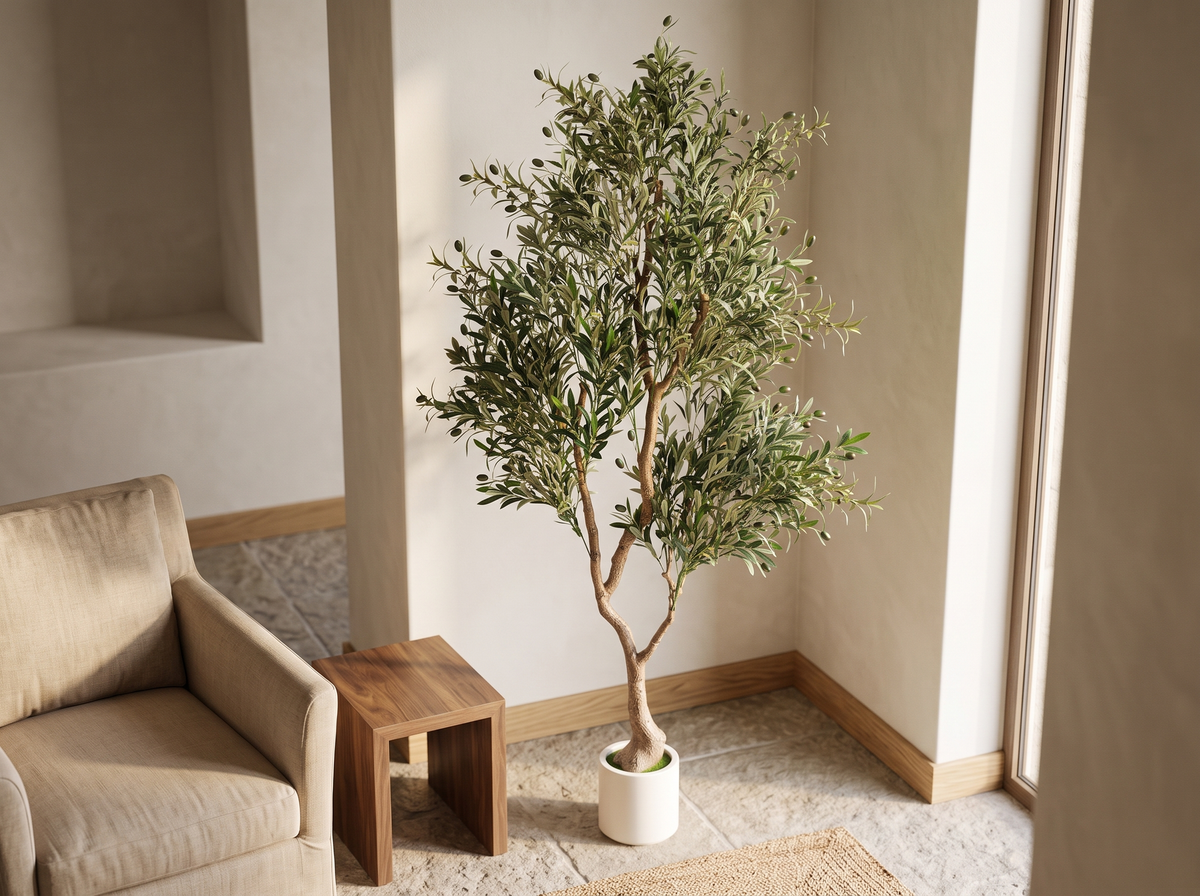Large artificial olive tree with curved trunk and white pot styled in a bright minimalist living room corner beside a linen armchair. (155 characters)
