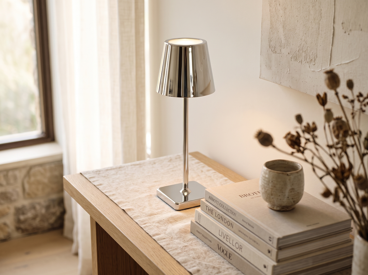 Chrome cordless table lamp with classic flared shade, glowing warmly on a styled console table.