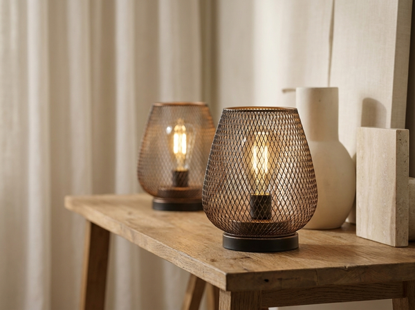 Set of two black and bronze mesh cage lanterns with warm LED Edison bulbs, styled on a neutral stone surface in soft ambient light.