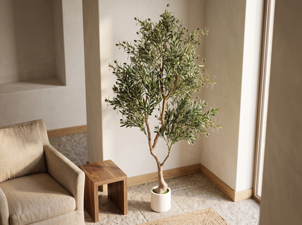 Large artificial olive tree with curved trunk and white pot styled in a bright minimalist living room corner beside a linen armchair. (155 characters)