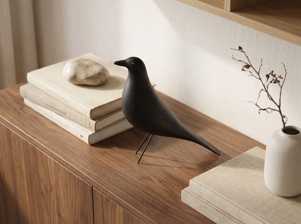 Next in the design icon series: matte black Eames® House Bird sculpture centred on a warm oak console, styled with linen tones and stacked books, editorial interior photography.