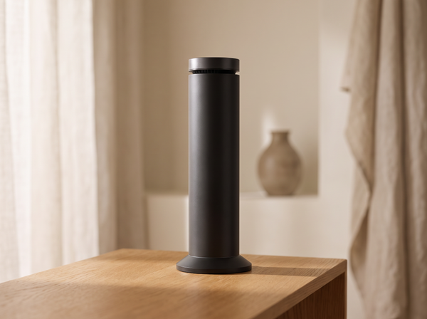 Matte black cylindrical tower diffuser centred on an oak console in a warm, minimalist interior.