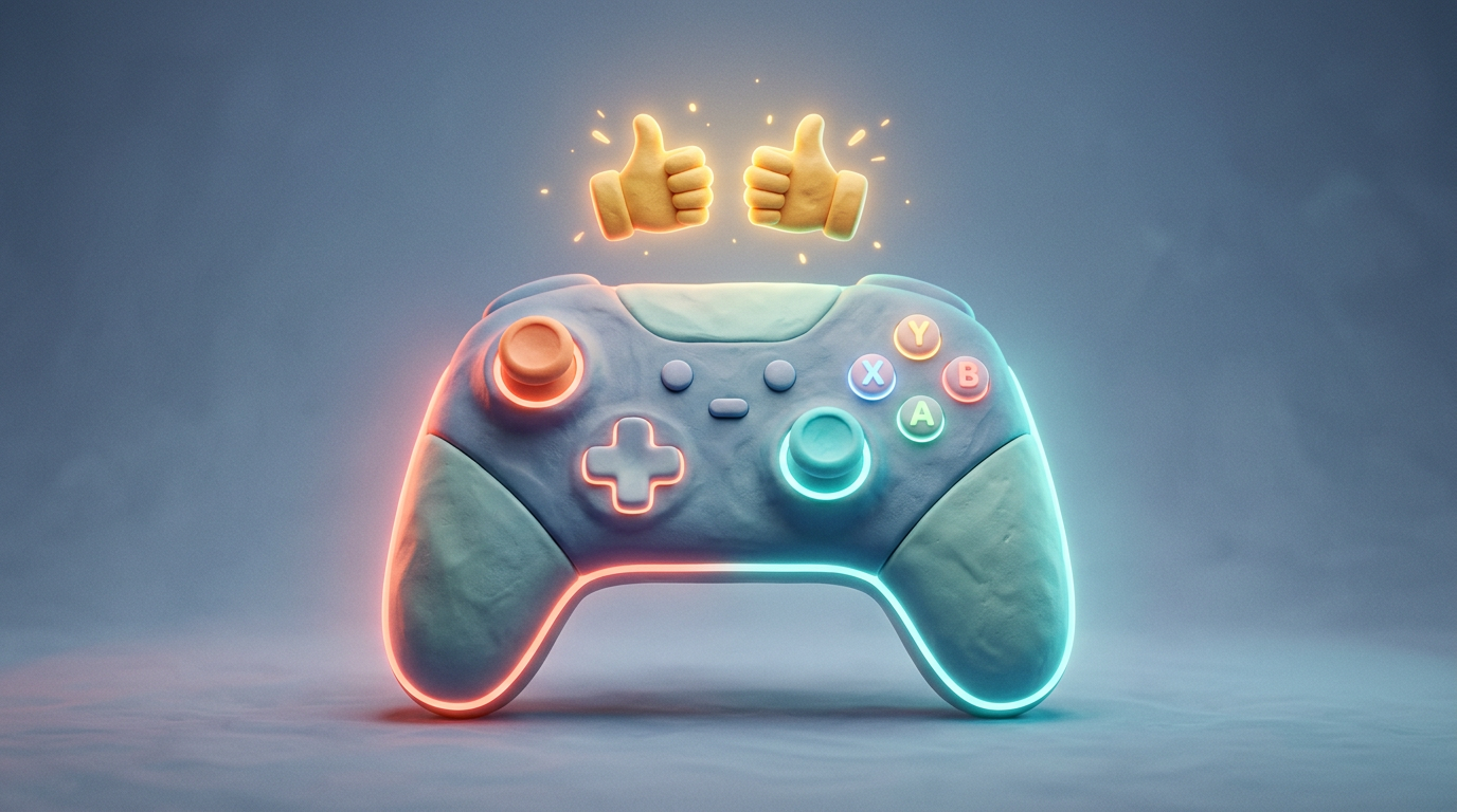 A glowing clay game controller with two thumbs-up icons
