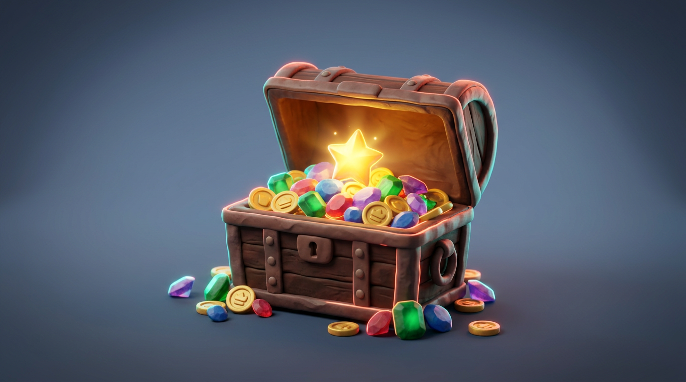 An open clay treasure chest overflowing with gems and gold coins