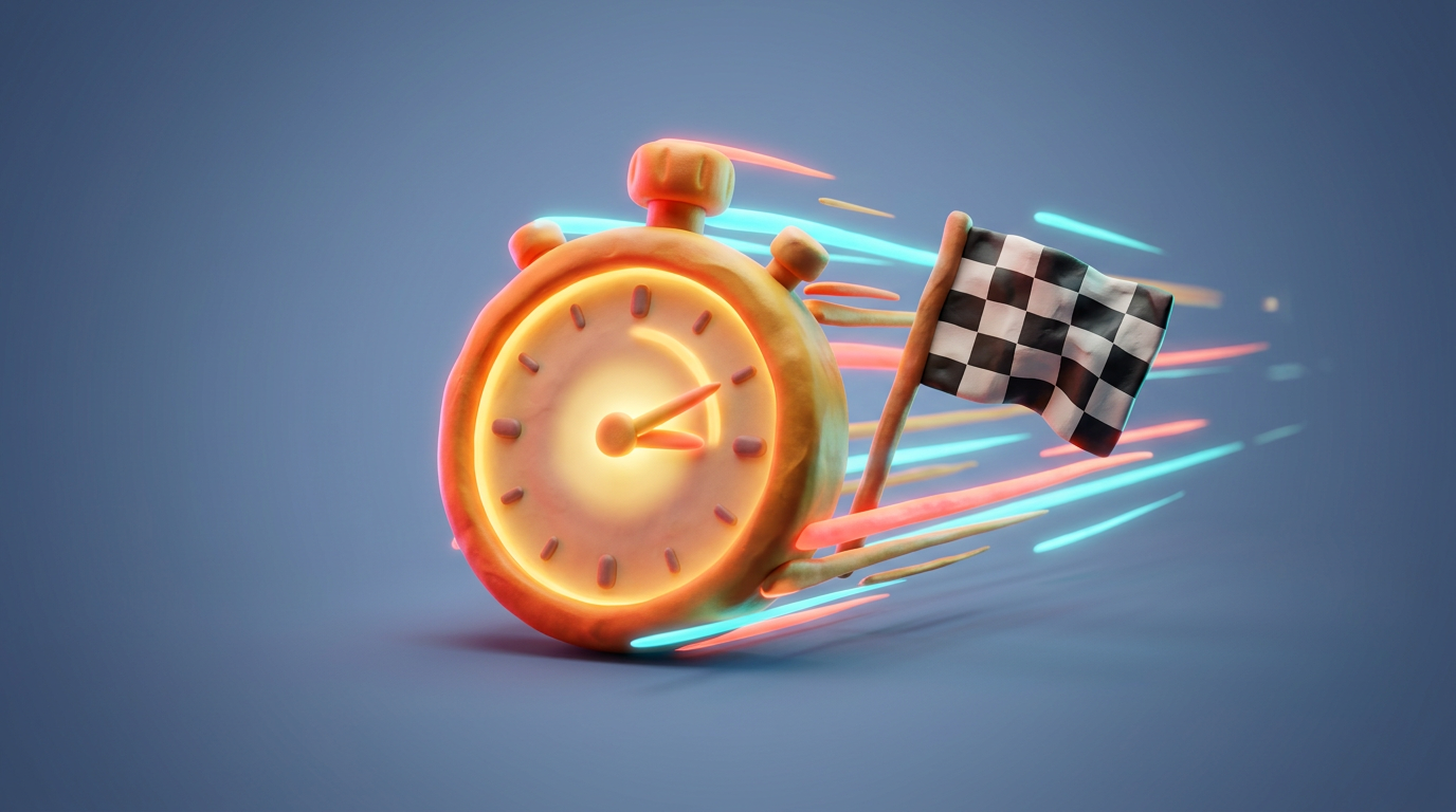 A glowing clay stopwatch and checkered flag with speed motion lines