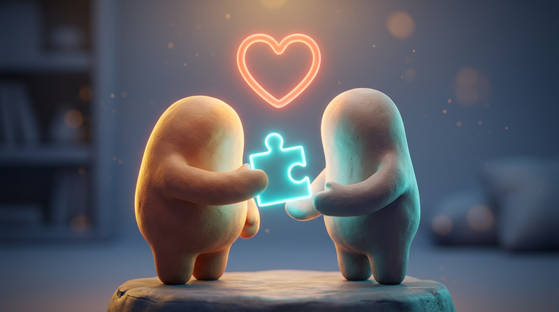 Two clay figures passing a glowing puzzle piece beneath a neon heart, symbolizing teamwork
