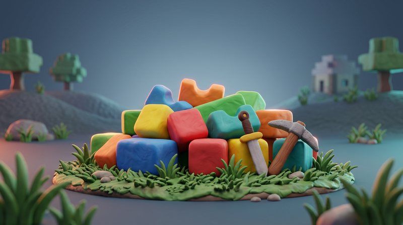 Colorful clay building blocks with a sword and pickaxe in a cozy block-building world