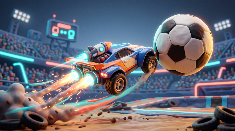 A clay rocket-powered car mid-jump beside an oversized soccer ball in a stadium