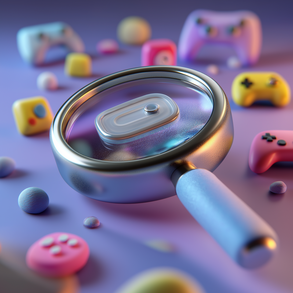 Animated video game-style magnifying glass icon, symbolizing search and discovery in a gaming world