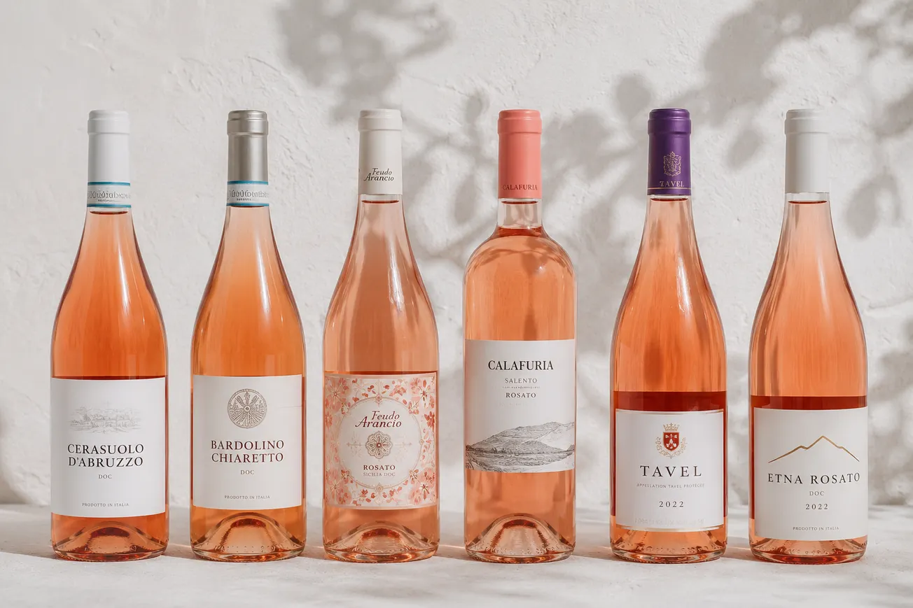 Italian rosato wines lined up — Cerasuolo d'Abruzzo, Bardolino Chiaretto, Sicilian rosato
