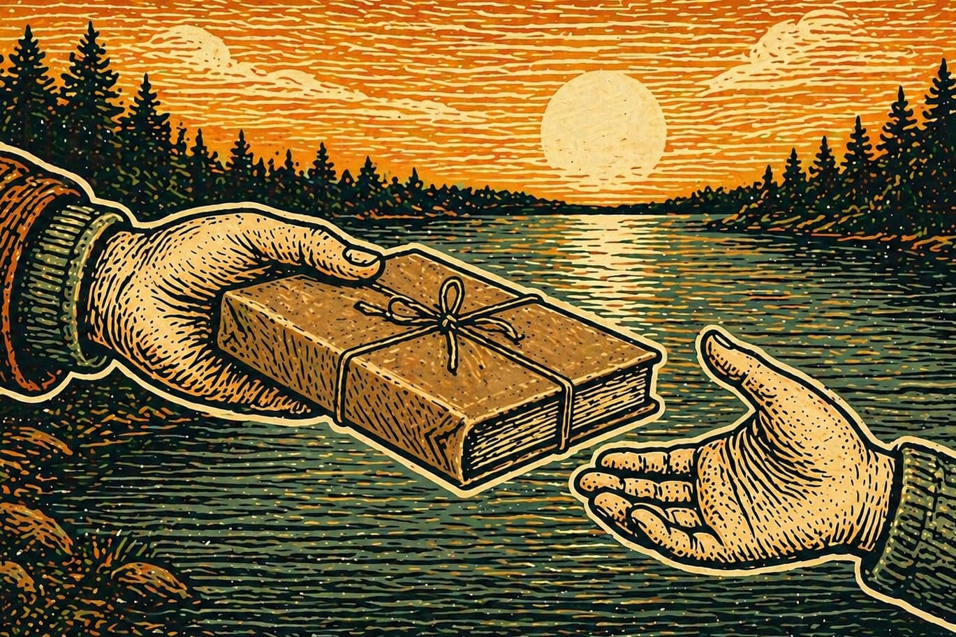 image of an older man gifting a book to a younger man