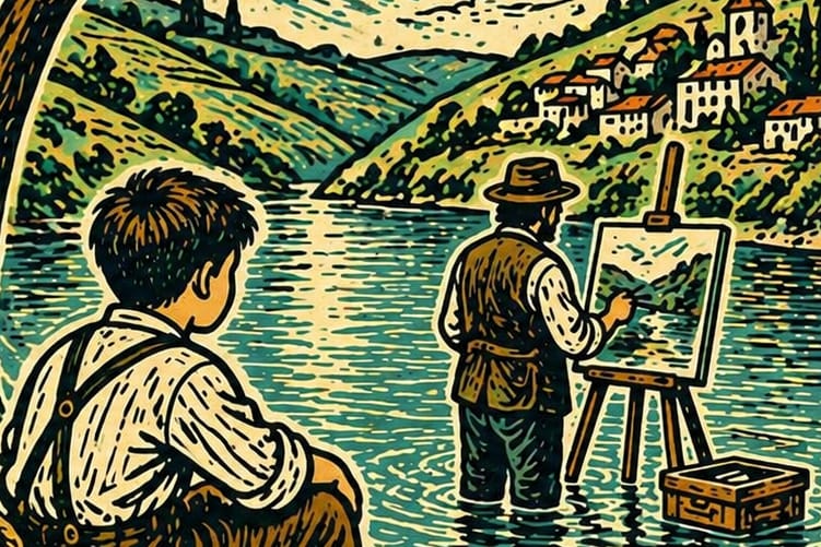 A young boy in Portugal watches a man paint in a river, from Theo of Golden