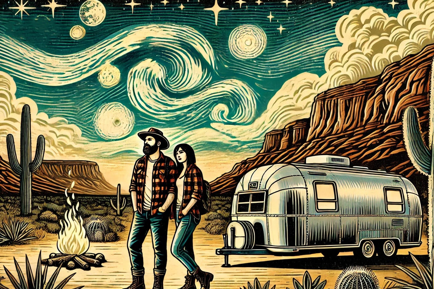 Two travelers and an airstream under a starry Arizona sky
