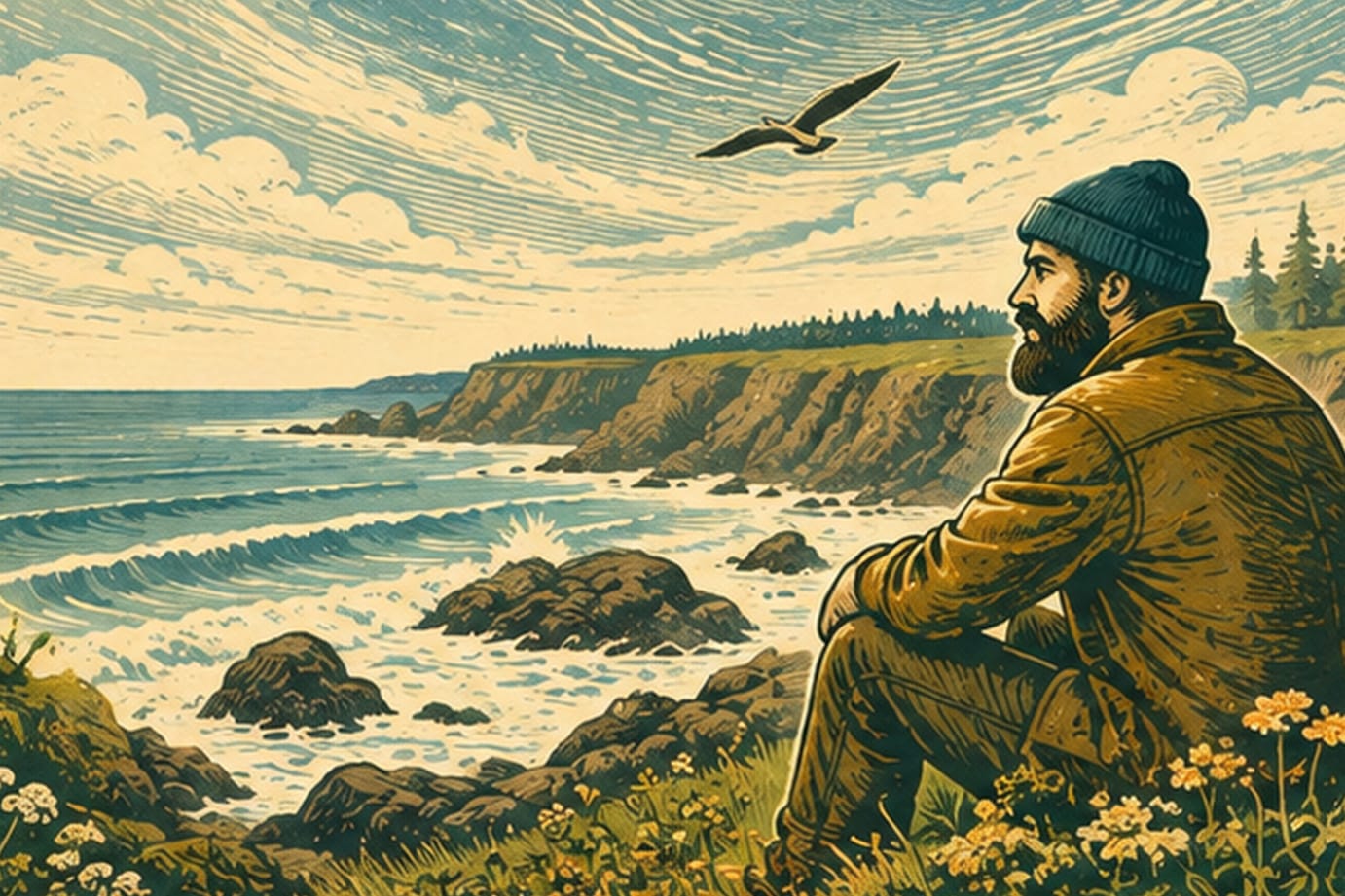 illustration of a a man on the maine coast