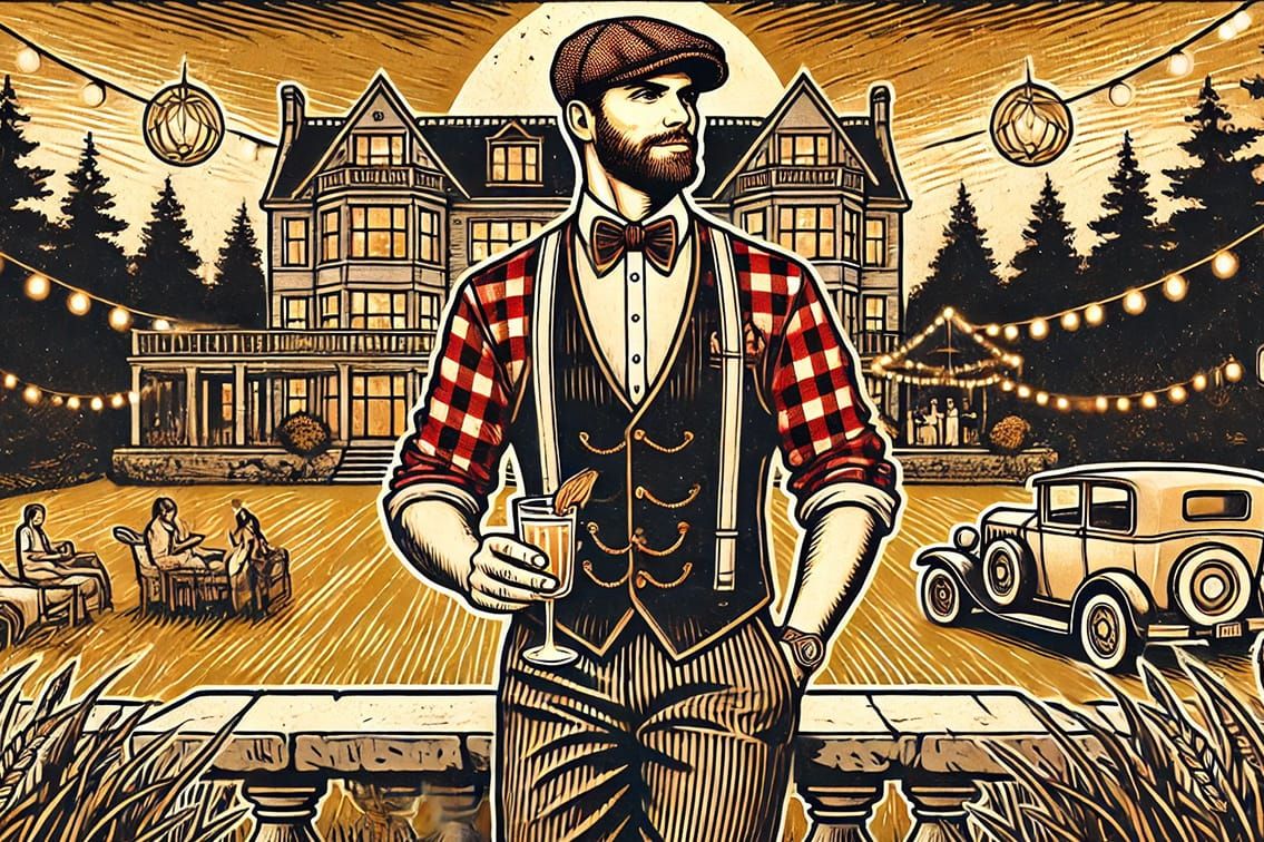 The wild gentleman bookclub image for The Great Gatsby with a man, a house, and antique car