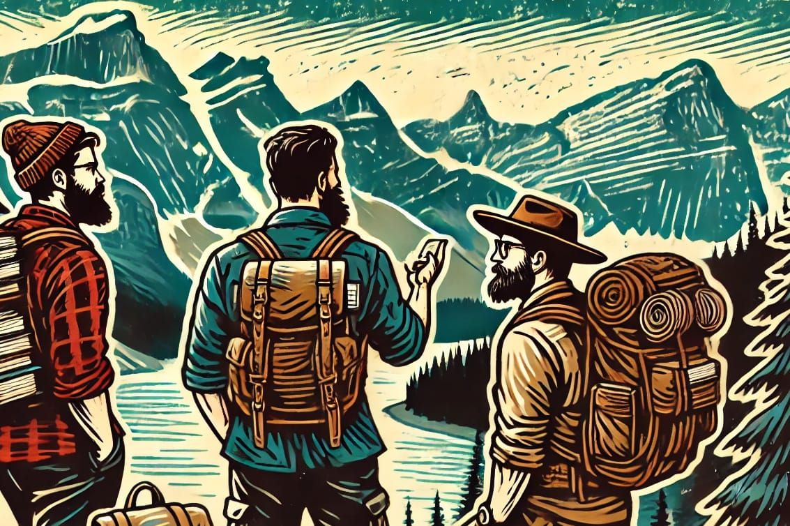 Woodblock rendering of Tweedy, Offerman, Saunders from Glacier Park in Where the Deer and the Antelope Play