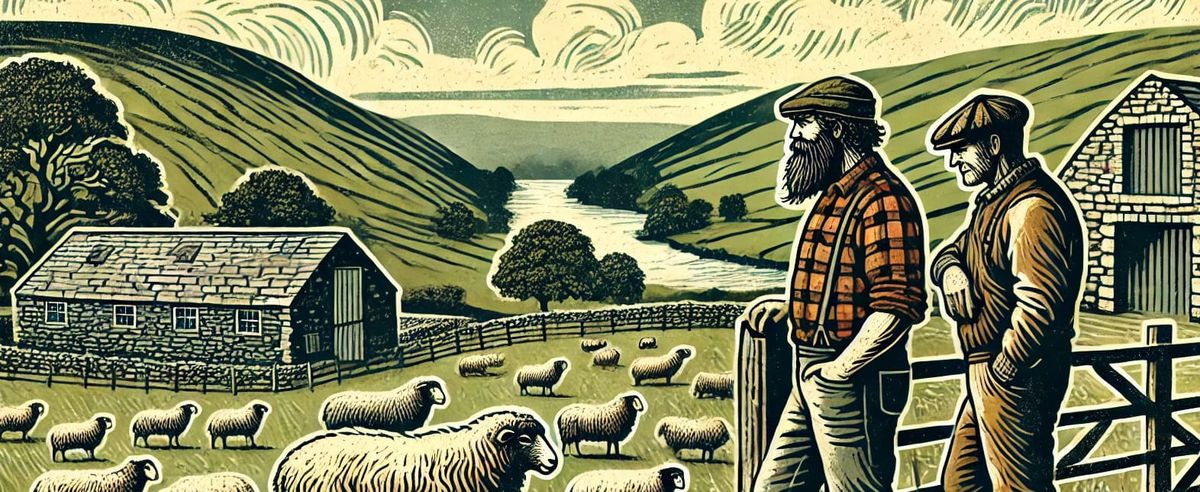 two men looking over a cambrian english farm and sheep