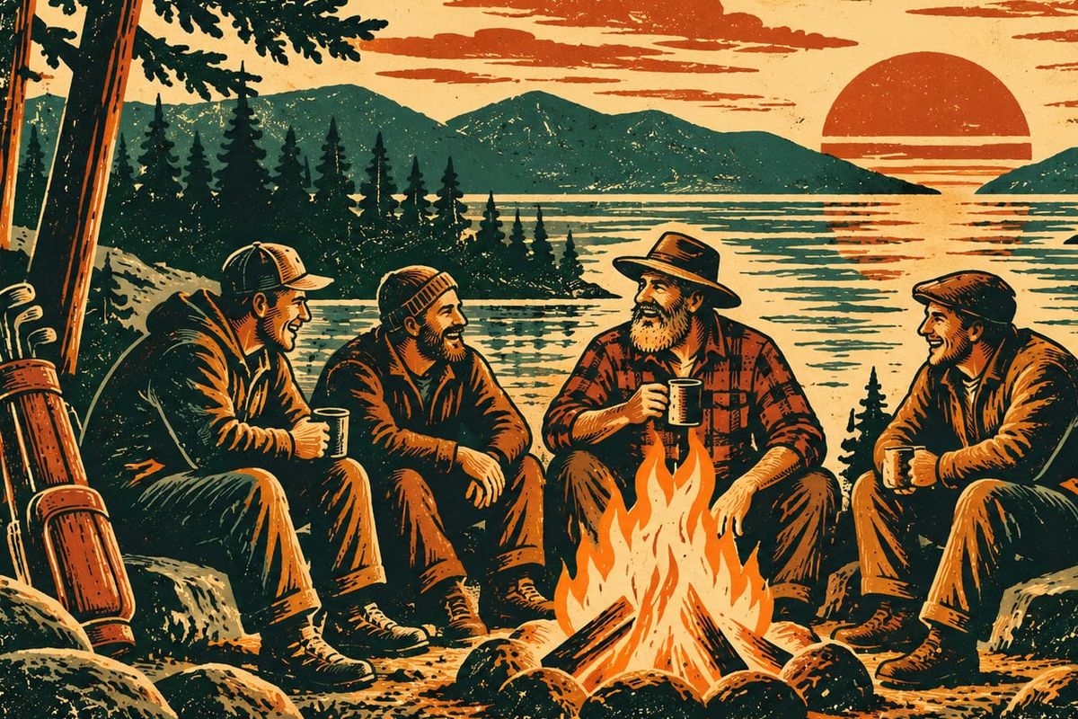the wild gentleman and friends sharing a life outdoors by a fire artwork