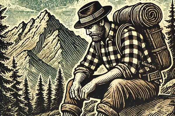 A wild gentleman thinking about the good and bad of life on a hill by a mountain.