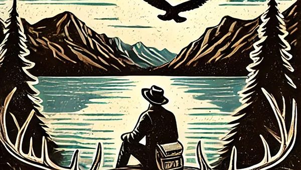 A wild gentleman pondering the wisdom of life outdoors at a lake.