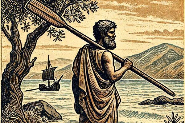 Odysseus, a wild gentleman and flawed man, takes a walk with an oar
