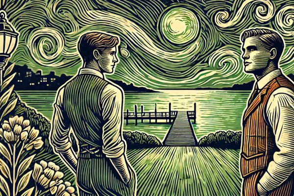 Nick Callaway and Jay Gatsby, summer 1922 in West Egg, looking at green dock light.