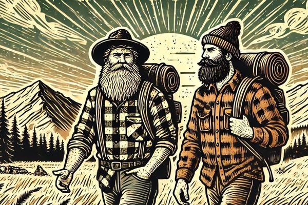 A couple of men talking and walking together outdoors in the style of The Wild Gentleman.