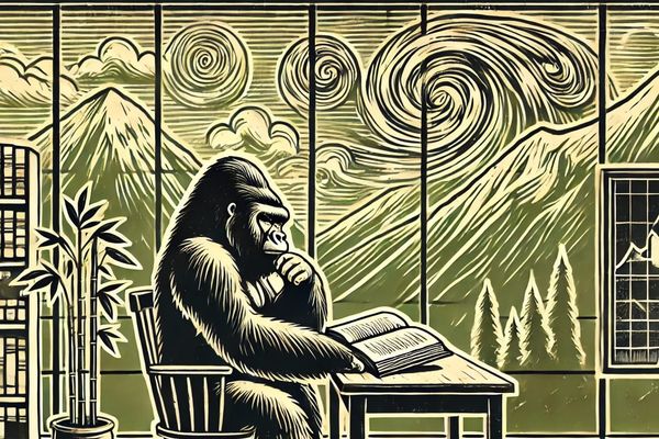 Ishmael a sentient gorilla learning about human history with a bamboo plant nearby and nature right out the window.